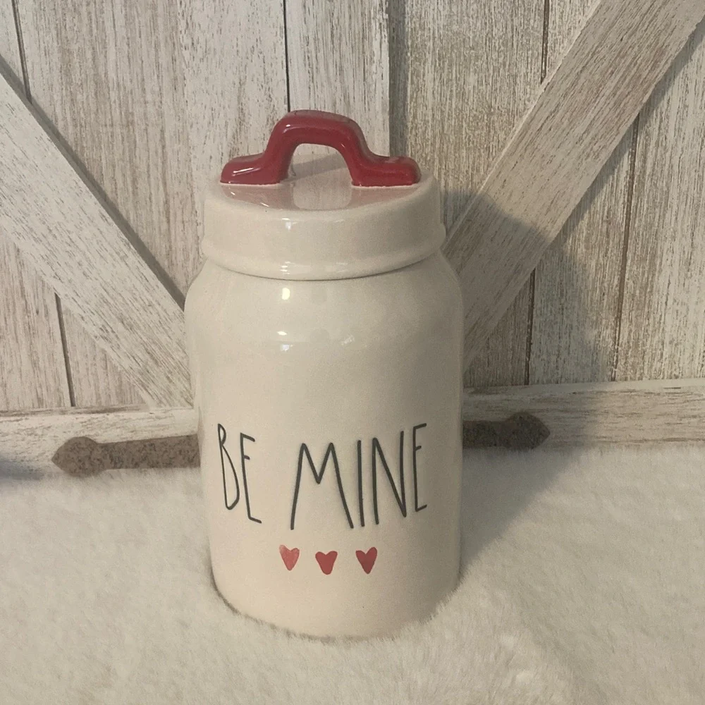 Rae Dunn Be Mine Ceramic Jar with Red Handle